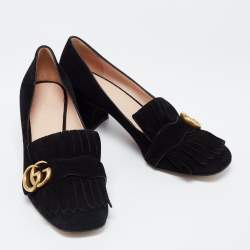 Pre Owned Gucci Black Suede GG Marmont Fringe Block Heel Pumps Size 38.5