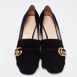 Pre Owned Gucci Black Suede GG Marmont Fringe Block Heel Pumps Size 38.5