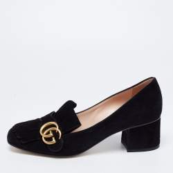 Pre Owned Gucci Black Suede GG Marmont Fringe Block Heel Pumps Size 38.5