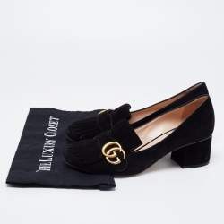 Pre Owned Gucci Black Suede GG Marmont Fringe Block Heel Pumps Size 38.5