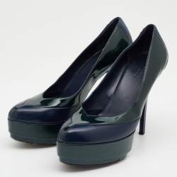 Pre Owned حذاء كعب عالي غوتشي جلد وجلد لامع أخضر/أزرق نعل سميك مقاس 36.5