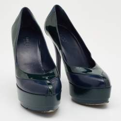 Pre Owned حذاء كعب عالي غوتشي جلد وجلد لامع أخضر/أزرق نعل سميك مقاس 36.5