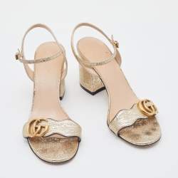 Pre Owned Gucci Metallic Gold Crinkled Leather GG Marmont Ankle Strap Sandals Size 37.5