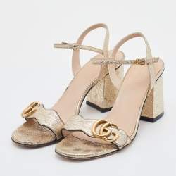 Pre Owned Gucci Metallic Gold Crinkled Leather GG Marmont Ankle Strap Sandals Size 37.5