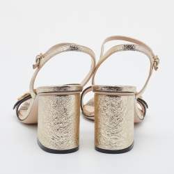 Pre Owned Gucci Metallic Gold Crinkled Leather GG Marmont Ankle Strap Sandals Size 37.5