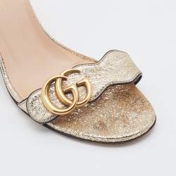 Pre Owned Gucci Metallic Gold Crinkled Leather GG Marmont Ankle Strap Sandals Size 37.5