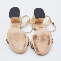 Pre Owned Gucci Metallic Gold Crinkled Leather GG Marmont Ankle Strap Sandals Size 37.5