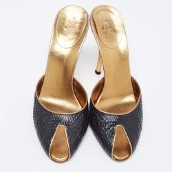 Pre Owned حذاء سلايد غوتشي جلد ثعبان أسود مقدمة مفتوحة �كعب مرصع مقاس 40