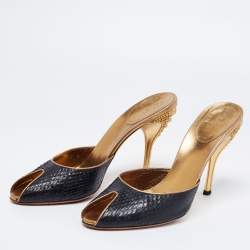 Pre Owned حذاء سلايد غوتشي جلد ثعبان أسود مقدمة مفتوحة كعب مرصع مقاس 40