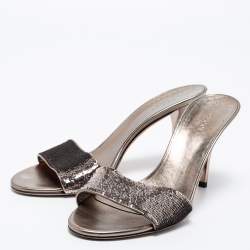 Pre Owned Gucci Metallic Bronze Leather And Sequin Embellished Slide Sandals Size 39.5