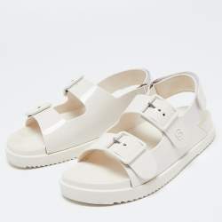 Pre Owned Gucci White Rubber Mini Double G Logo Dusty Ankle Strap Flat Sandals Size 38