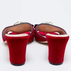 Pre Owned Gucci Red Velvet Bee/Faux Pearl Mid-Heel Slide Sandals Size 40