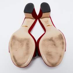 Pre Owned Gucci Red Velvet Bee/Faux Pearl Mid-Heel Slide Sandals Size 40