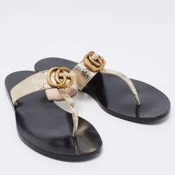 Pre Owned Gucci Yellow Textured Leather GG Marmont Thong Flat Sandals Size 37.5