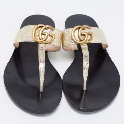 Pre Owned Gucci Yellow Textured Leather GG Marmont Thong Flat Sandals Size 37.5