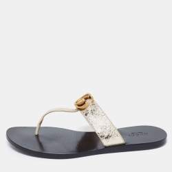 Pre Owned Gucci Yellow Textured Leather GG Marmont Thong Flat Sandals Size 37.5