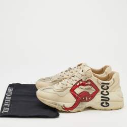 Pre Owned Gucci Cream/Grey Leather Rhyton Gucci Logo Lace Up Sneakers Size 38.5