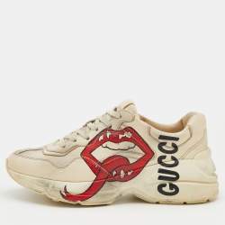 Pre Owned Gucci Cream/Grey Leather Rhyton Gucci Logo Lace Up Sneakers Size 38.5