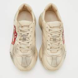 Pre Owned Gucci Cream/Grey Leather Rhyton Gucci Logo Lace Up Sneakers Size 38.5