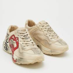 Pre Owned Gucci Cream/Grey Leather Rhyton Gucci Logo Lace Up Sneakers Size 38.5