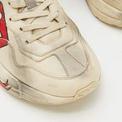Pre Owned Gucci Cream/Grey Leather Rhyton Gucci Logo Lace Up Sneakers Size 38.5