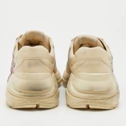 Pre Owned Gucci Cream/Grey Leather Rhyton Gucci Logo Lace Up Sneakers Size 38.5