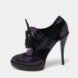 Pre Owned Gucci Tri Color Suede And Perforated Leather Gia Lace Up Ankle Boots Size 38.5