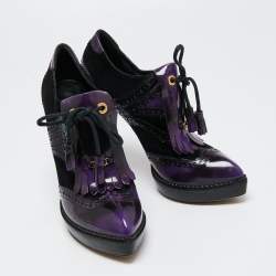 Pre Owned Gucci Tri Color Suede And Perforated Leather Gia Lace Up Ankle Boots Size 38.5