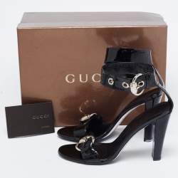 Pre Owned Gucci Black Patent Leather Buckle Detail Ankle Strap Sandals Size 38.5