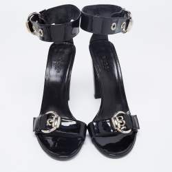 Pre Owned Gucci Black Patent Leather Buckle Detail Ankle Strap Sandals Size 38.5
