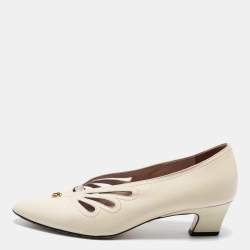 Pre Owned حذاء كعب عالي غوتشي بيريث جلد كريمي مزين قصات مفرغة مزين جي جي مقاس 39