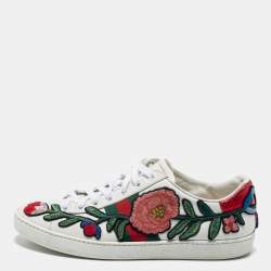 Pre Owned Gucci White Floral Embroidered Leather Ace Low-Top Sneakers Size 38