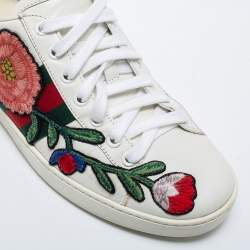 Pre Owned Gucci White Floral Embroidered Leather Ace Low-Top Sneakers Size 38