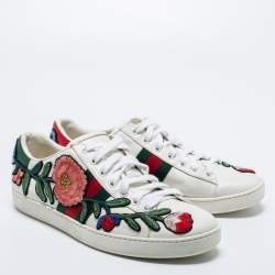 Pre Owned Gucci White Floral Embroidered Leather Ace Low-Top Sneakers Size 38