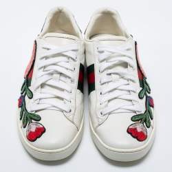 Pre Owned Gucci White Floral Embroidered Leather Ace Low-Top Sneakers Size 38
