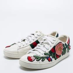 Pre Owned Gucci White Floral Embroidered Leather Ace Low-Top Sneakers Size 38