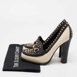 Pre Owned Gucci Black/Cream Leather and Straw Studded Horsebit Alyssa Loafer Pumps Size 36.5