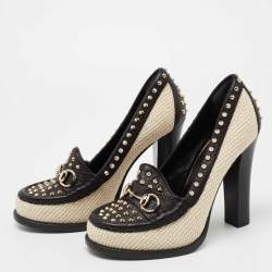Pre Owned Gucci Black/Cream Leather and Straw Studded Horsebit Alyssa Loafer Pumps Size 36.5