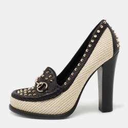 Pre Owned Gucci Black/Cream Leather and Straw Studded Horsebit Alyssa Loafer Pumps Size 36.5
