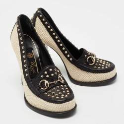 Pre Owned Gucci Black/Cream Leather and Straw Studded Horsebit Alyssa Loafer Pumps Size 36.5