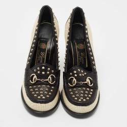 Pre Owned Gucci Black/Cream Leather and Straw Studded Horsebit Alyssa Loafer Pumps Size 36.5