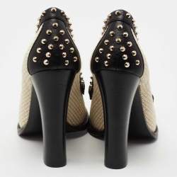 Pre Owned Gucci Black/Cream Leather and Straw Studded Horsebit Alyssa Loafer Pumps Size 36.5