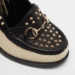 Pre Owned Gucci Black/Cream Leather and Straw Studded Horsebit Alyssa Loafer Pumps Size 36.5