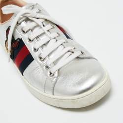 Gucci Silver Leather Ace Lace Up Sneakers Size 37.5