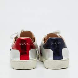 Gucci Silver Leather Ace Lace Up Sneakers Size 37.5