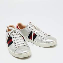 Gucci Silver Leather Ace Lace Up Sneakers Size 37.5