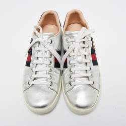 Gucci Silver Leather Ace Lace Up Sneakers Size 37.5
