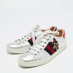 Gucci Silver Leather Ace Lace Up Sneakers Size 37.5
