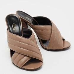 Gucci Beige Quilted Leather Criss Cross Webby Slide Sandals  Size 35