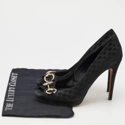Gucci Black Microguccissima Suede Horsebit Peep Toe Pumps Size 39